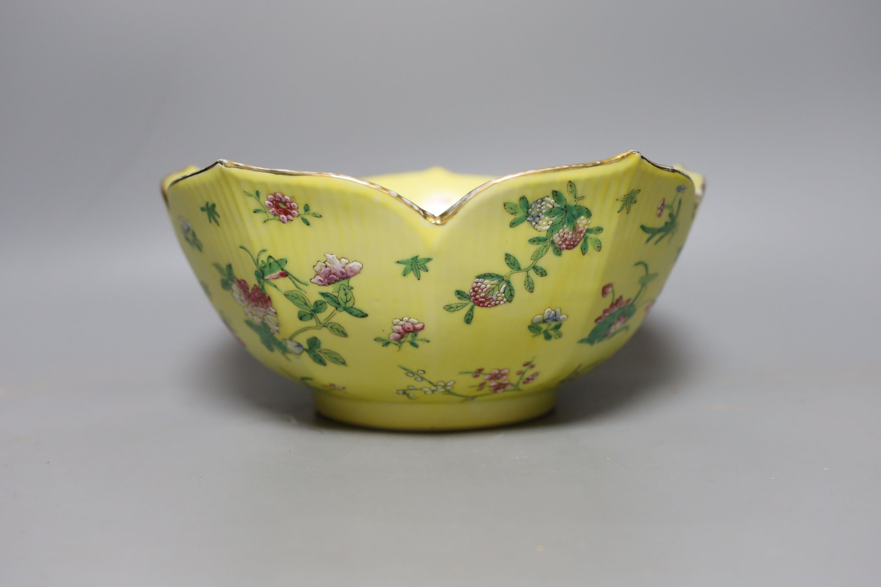 A mid 20th century Chinese yellow ground lotus petalled lobed bowl - 24cm diameter